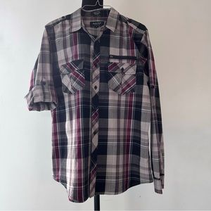 Men’s eighty eight Large Burgundy/Gray/Black Plaid Button Front Shirt